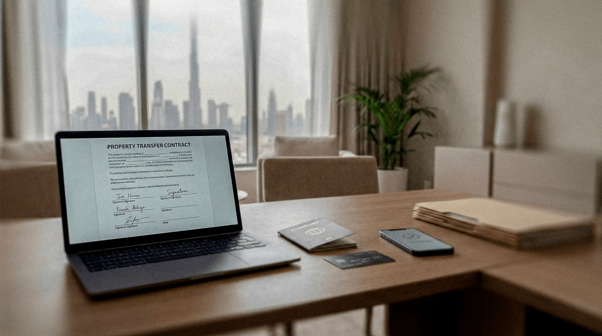 Contrato de compraventa inmobiliaria en pantalla con el skyline de Dubái al fondo, representando una operación de inversión segura.