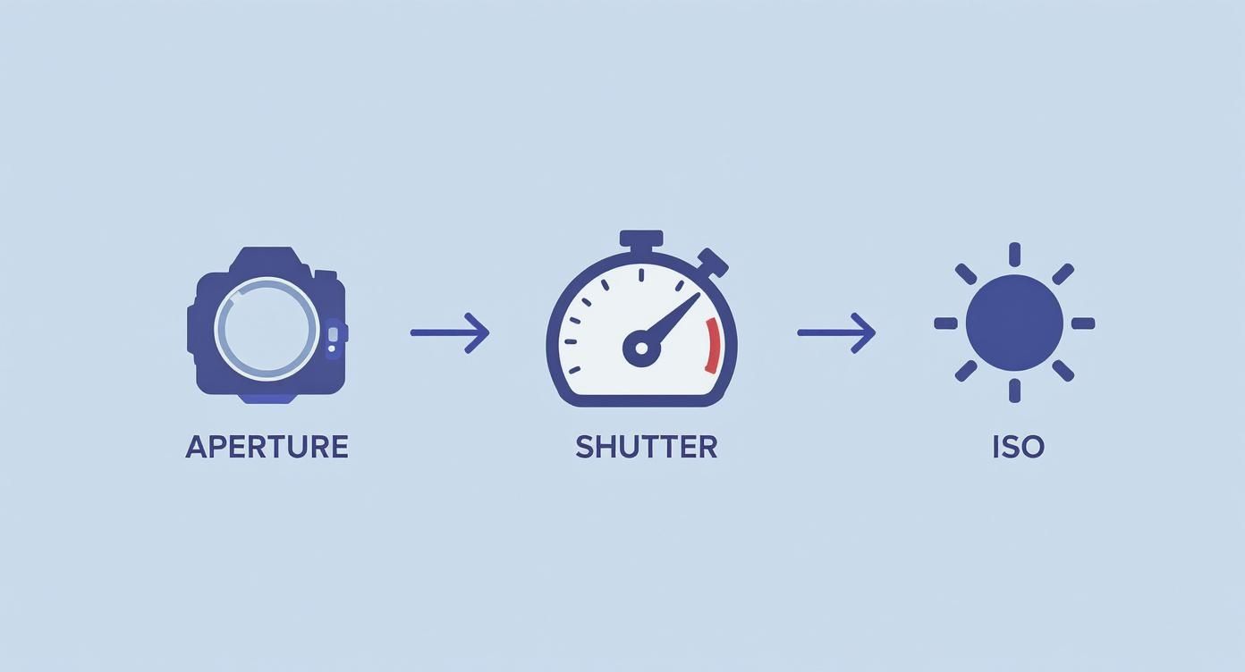 Illustrative diagram showing the three main camera exposure settings: Aperture, Shutter, and ISO, connected by arrows.