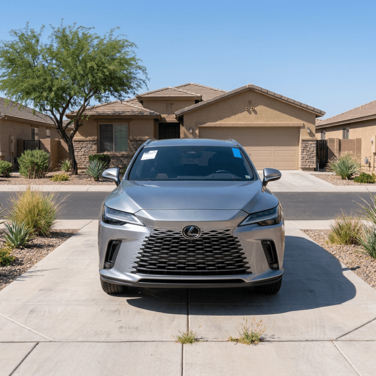 Silver Lexus TX SUV parked outside a Sedona home after receiving a mobile windshield installation from Bang AutoGlass