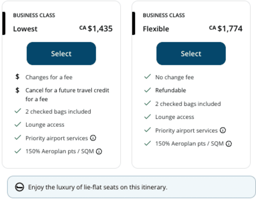 Business class pricing