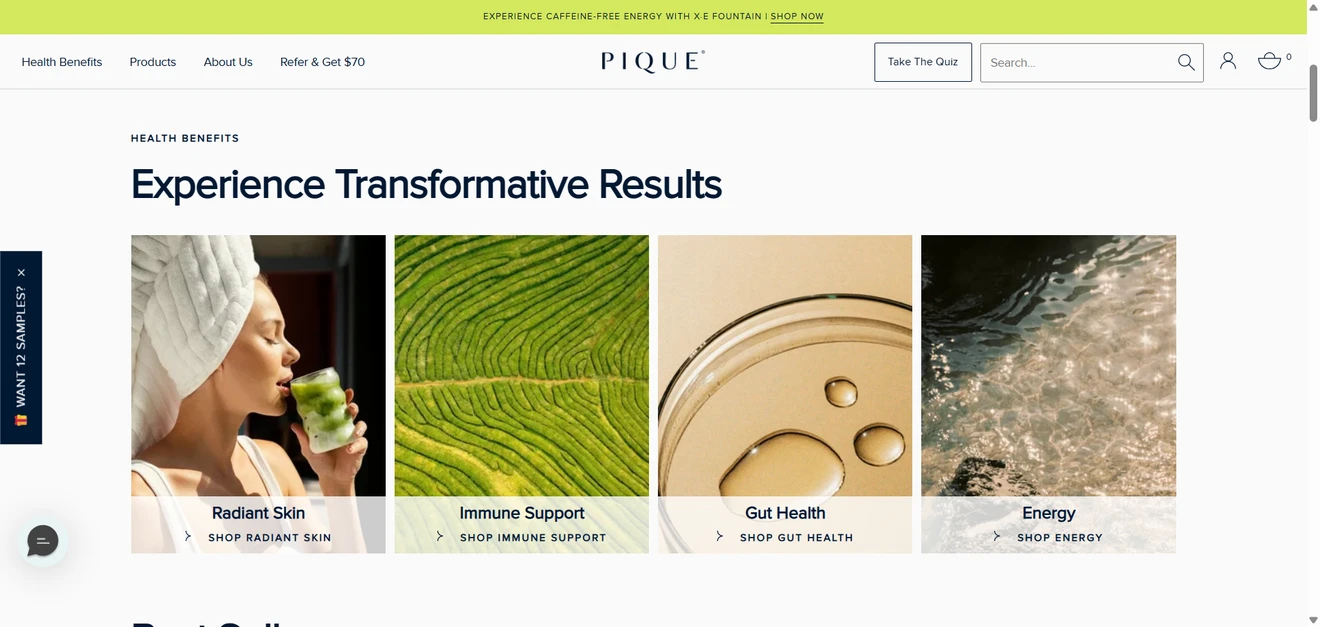 Pique “Want 12 samples?” teaser displayed on the side of the website.