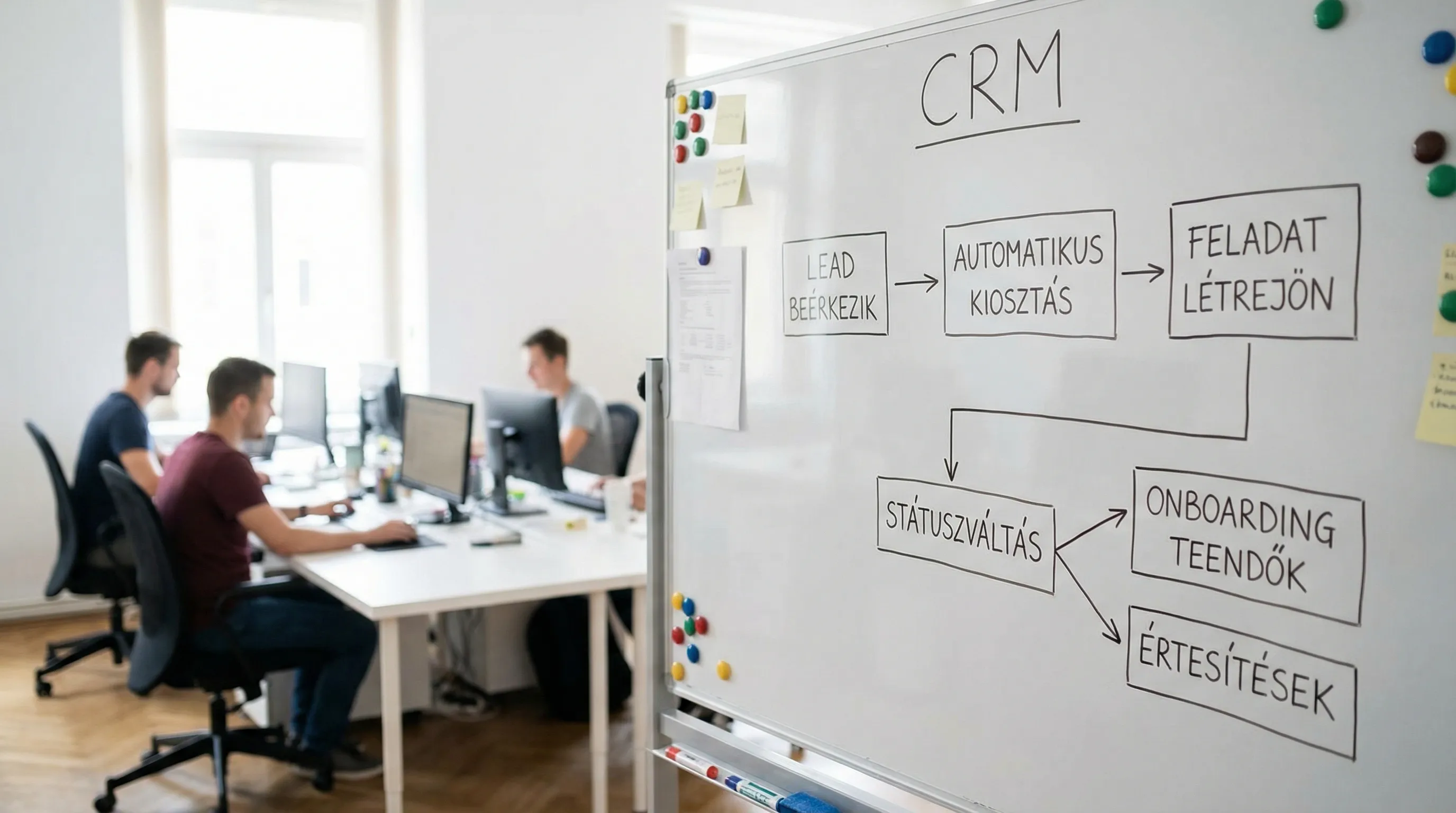 Egy egyszerű CRM workflow illusztráció: lead beérkezik, automatikus kiosztás, feladat létrejön, státuszváltás után onboarding teendők és értesítések.
