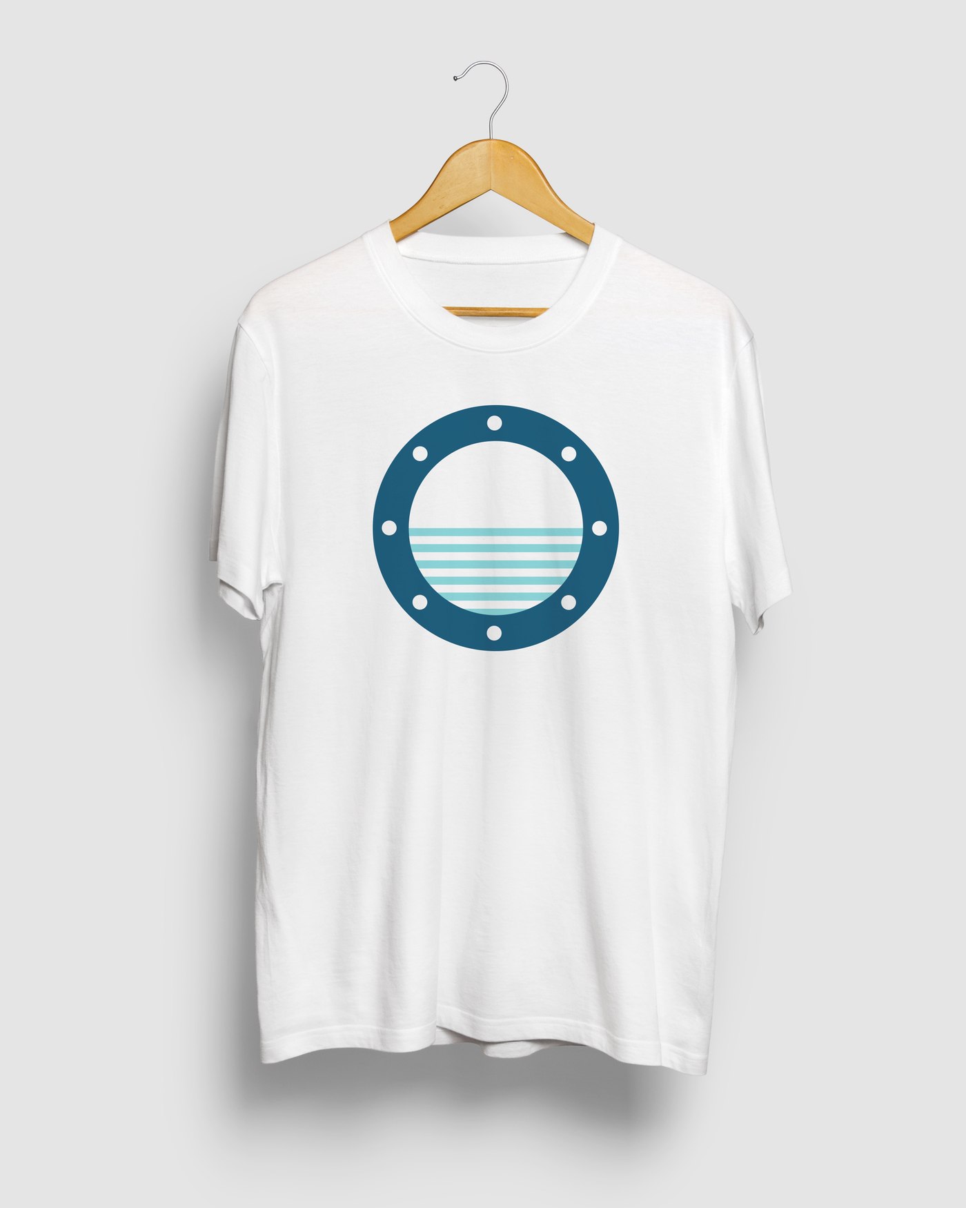 White t-shirt with a Reimar porthole graphic on a hanger, identity and signage design by Sebastian Saavedra