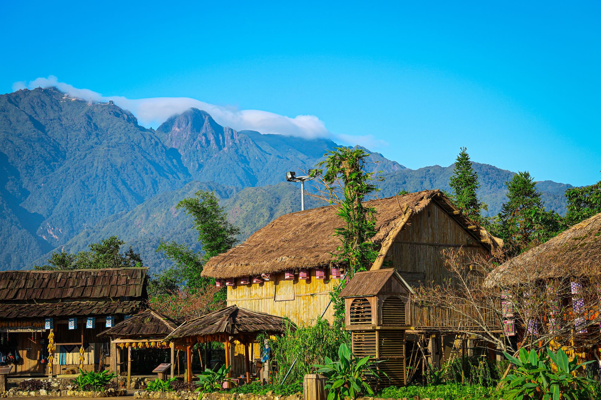 Thatched wooden houses backed by a mountain ridge