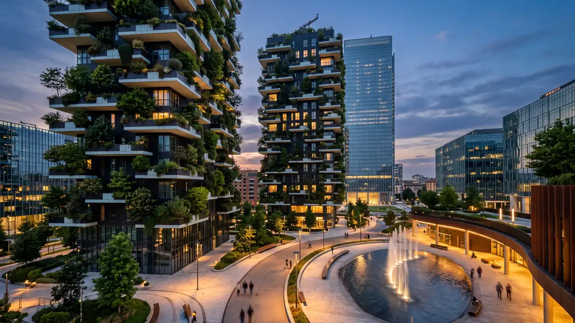 Milan towers with planted balconies at dusk, real estate marketing Milan by TERAMOK