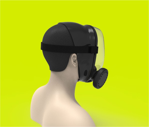 Back view render of an inclusive respirator worn on a head, showcasing its secure fit and compatibility with various headwear styles for comfort and protection.