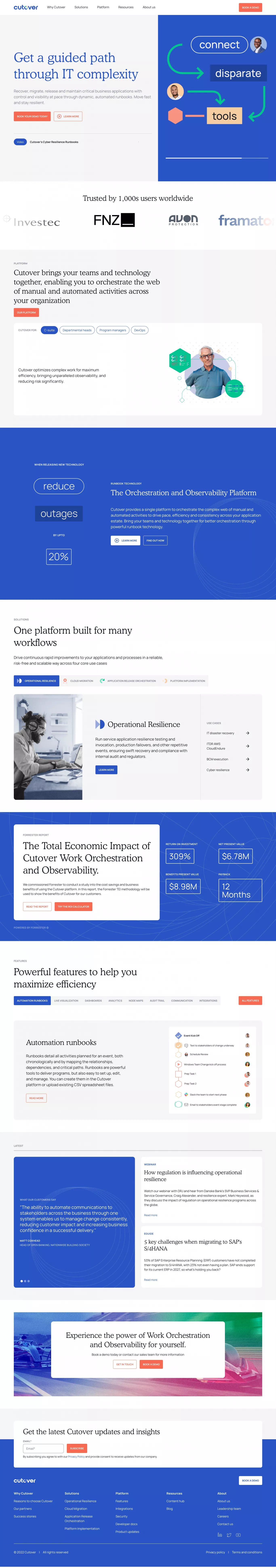 Cutover landing page screenshot showcasing Tech design