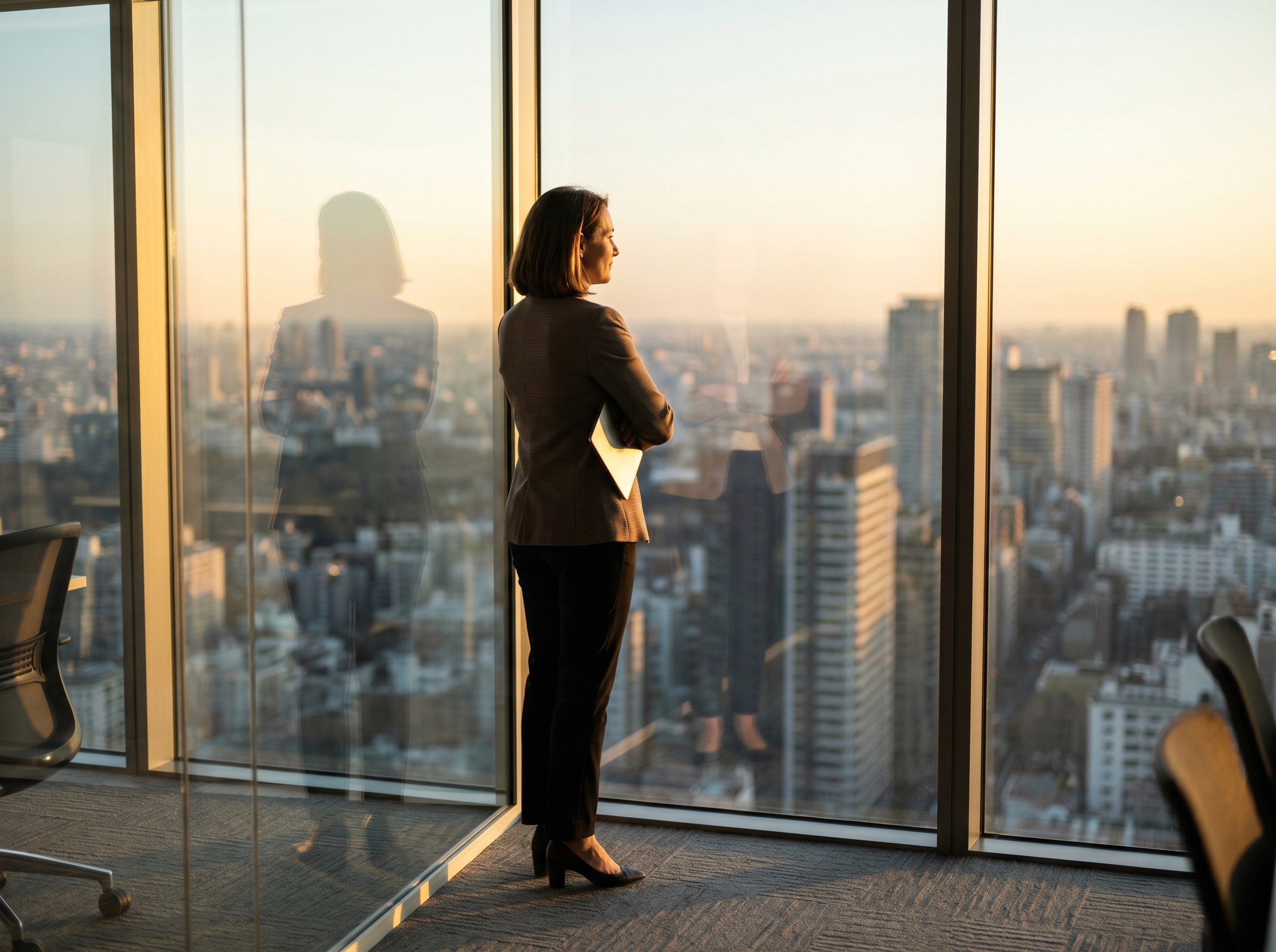 A senior executive (woman, 40s–50s) standing alone at a glass wall in a high-rise office, looking out at the city below. She is holding a tablet loosely at her side, not looking at it. The reflection in the glass is faintly visible. The mood is contemplative, like someone aware that something important is not yet measured. Natural light, late afternoon warmth. Shallow depth of field. Shot from behind and slightly to the side. No logos, no text. Quiet, editorial tone.