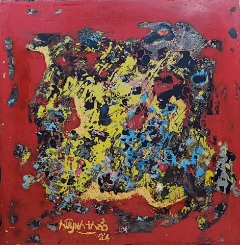 Abstract painting with red background and colorful texture.