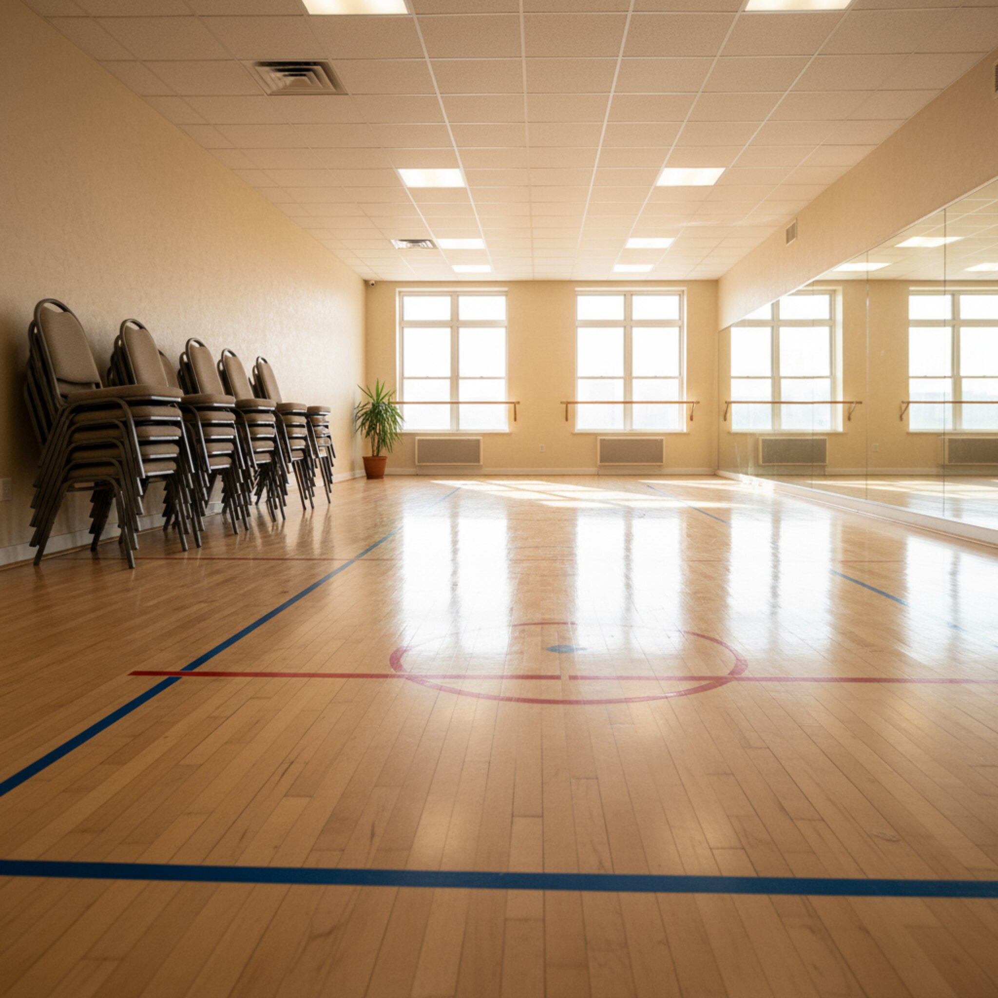 Ein leerer, frisch gewischter Saal mit sauber ausgerichteten Markierungen. Zusammengefaltete Klappstühle stehen ordentlich an der Seite. Durch die Fenster fällt weiches Licht und zeichnet klare Flächen. Die Ruhe suggeriert Verfügbarkeit und eine präzise, planbare Belegung.