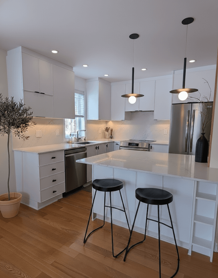 Cuisine complètement blanche mélange modernité et touche classique. Porte d'amoires slim shaker. Poignées noires des armoires du haut contrastent avec les boutons des armoires du bas. Les électroménagers sont en acier inoxydable. Le comptoir et le dosseret sont en quartz blanc. Les moulures slim shaker sont reprises sur la deventure de l'îlot. Des alcôves sont intégrées à droite de l'îlot ce qui laisse de l'espace pour deux tabourets noir. Deux suspensions se retrouve au dessus de l'îlot. Un olivier dans un vase en terre cuite se retrouve à gauche de la cuisine.