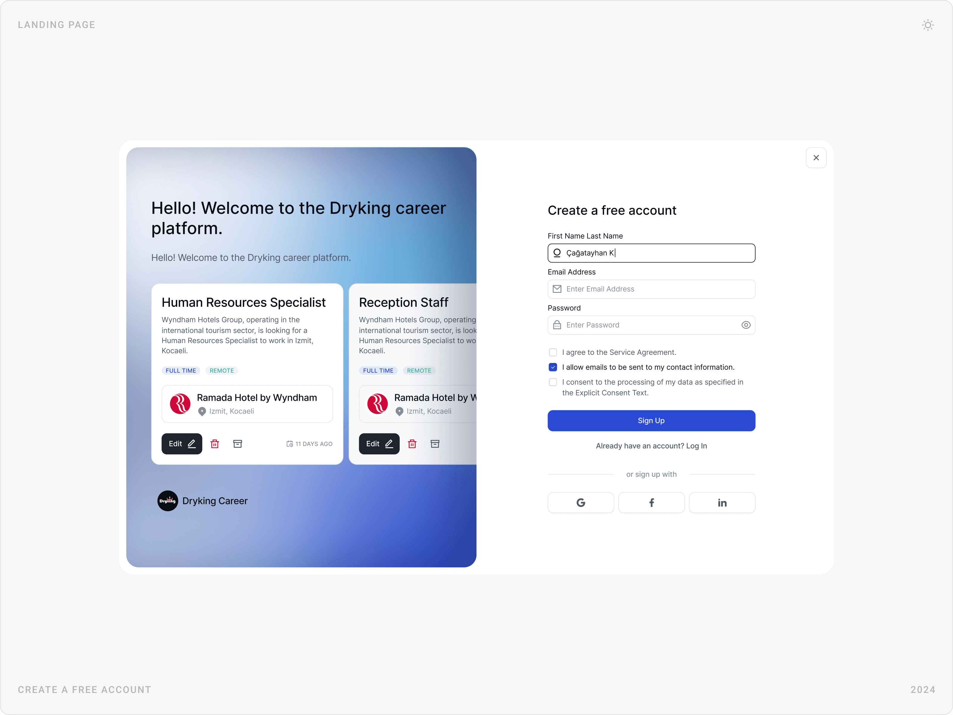 Modern Job Platform Sign Up Component Design