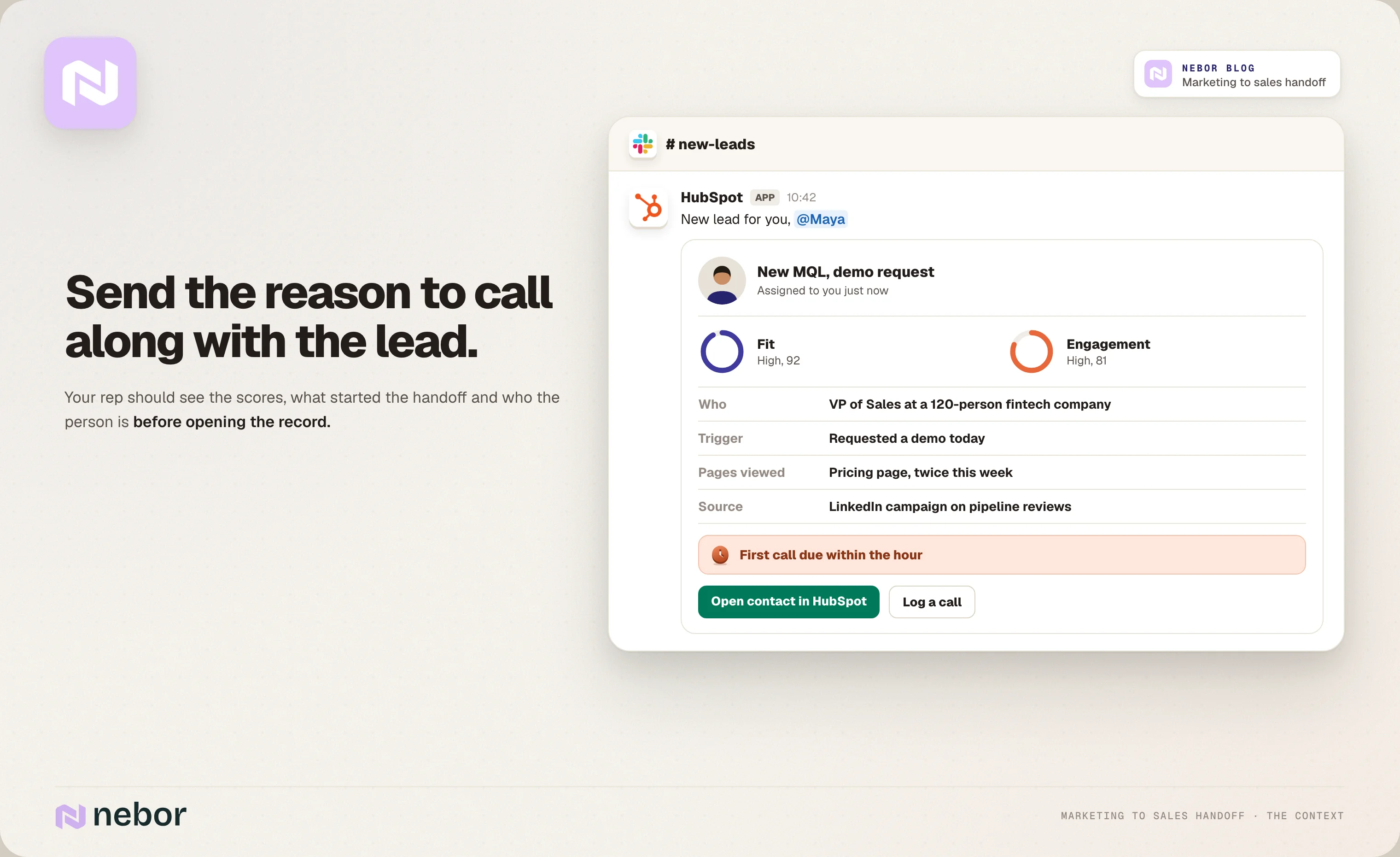 Slack notification from HubSpot giving a rep the lead's fit and engagement scores, trigger, pages and source