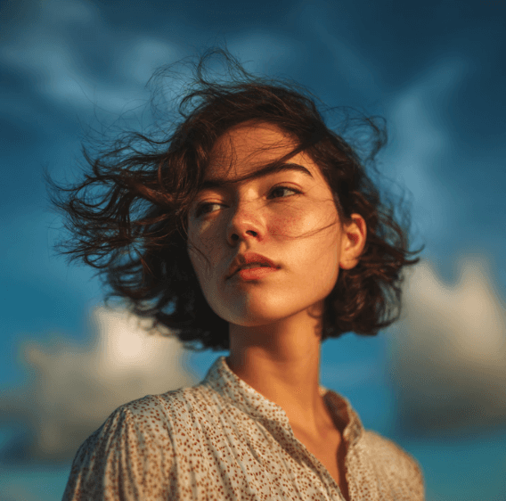 Woman with windblown short hair.