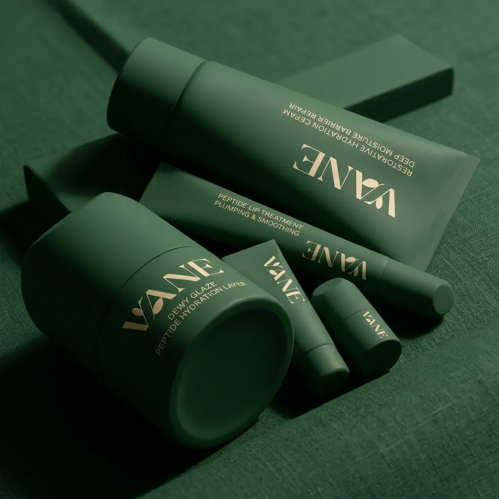 Elegant VANE green cosmetic packaging. Branding expert design.
