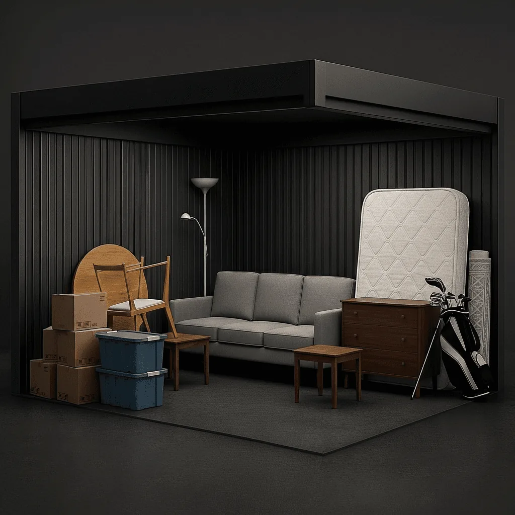 Illustration of furniture and boxes inside an 8.5x7.5 storage unit