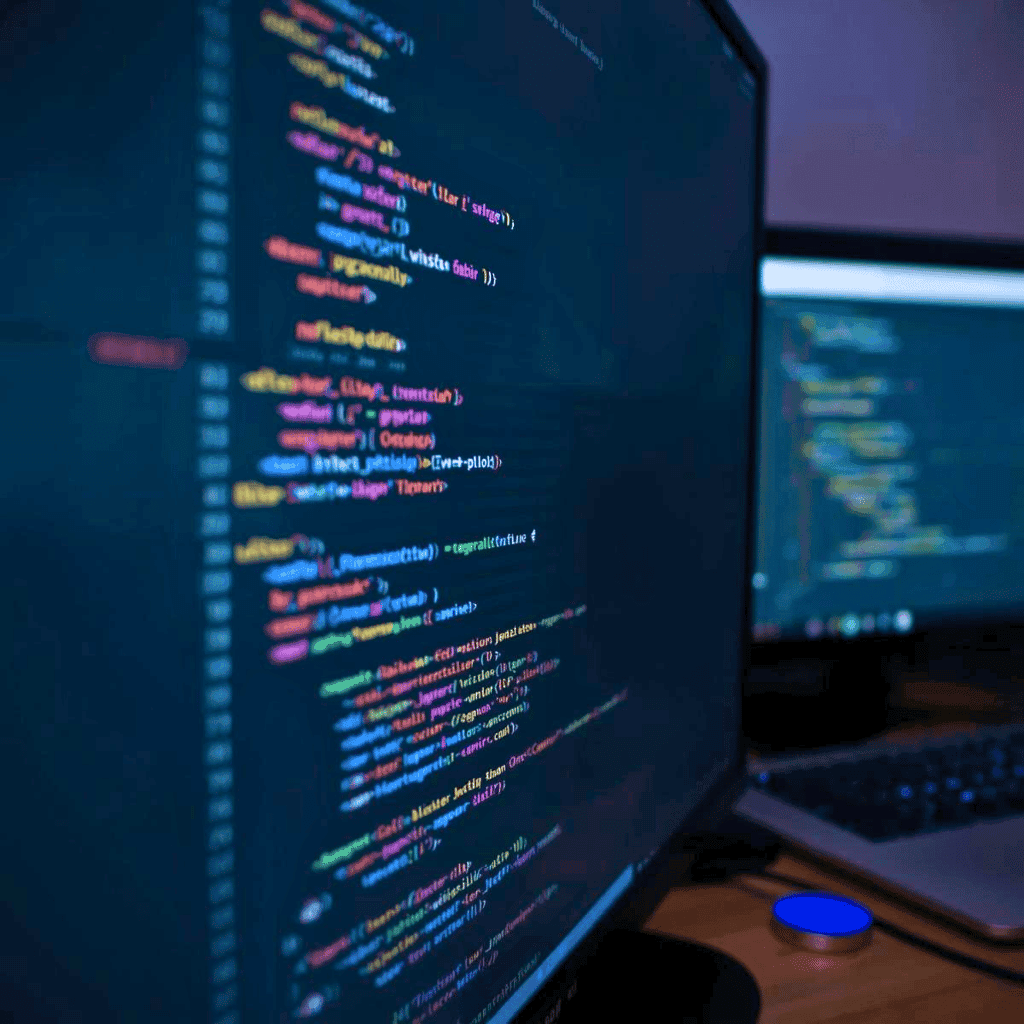 Pantallas de monitor mostrando líneas de código de programación en un editor oscuro, representando el desarrollo web frontend y backend de un proyecto.