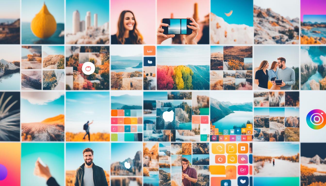 A grid of colorful Instagram posts, each showcasing different types of organic content such as behind-the-scenes footage, user-generated content, and educational content. A hand holding a smartphone can be seen scrolling through the posts, with a look of engagement and interest on their face. The background is blurred to suggest a busy and dynamic social media environment.