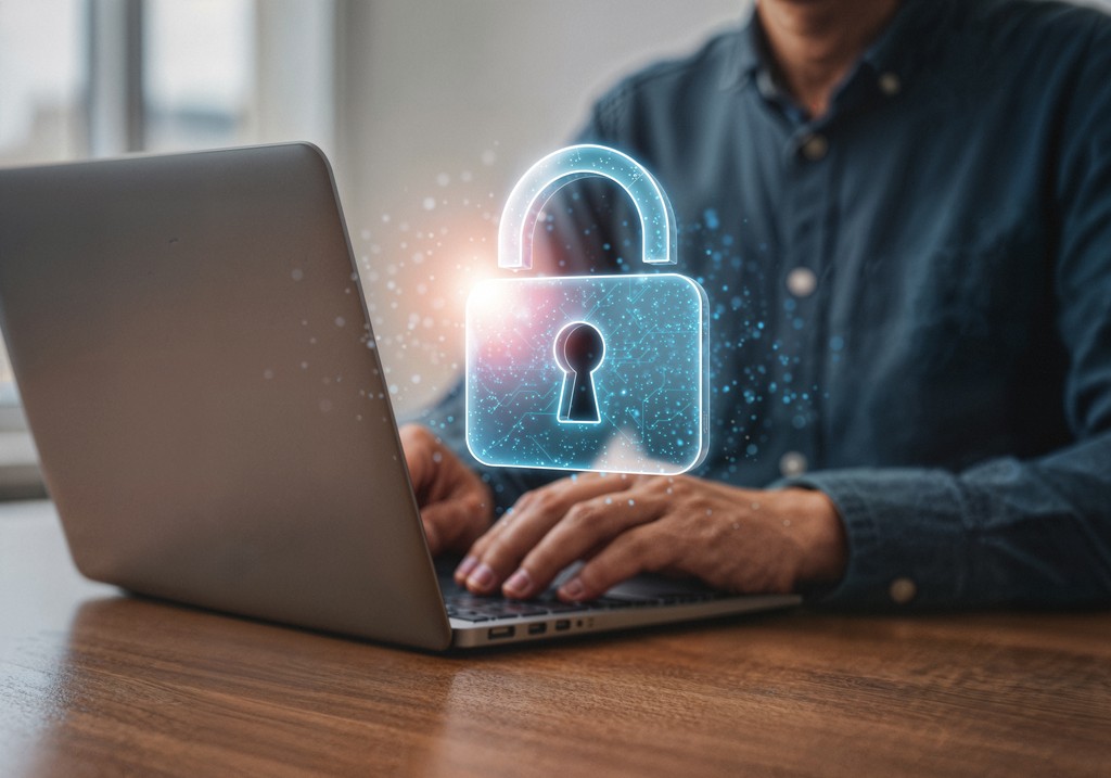 A person types on a laptop with a glowing digital padlock hovering above the keyboard.