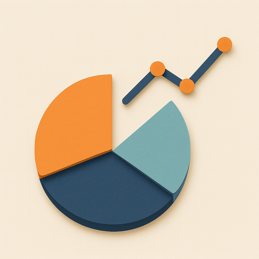 Grafik im Paper-Cut-Stil: Kreisdiagramm mit Trendlinie – Verteilung der Befragungsergebnisse und Verlauf der Befragung.