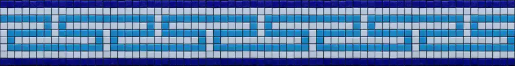 Stepped Wave mosaic border, Azure and white on cobalt, set from whole square tiles — reference G-03, Mosaiclegs Art Studio