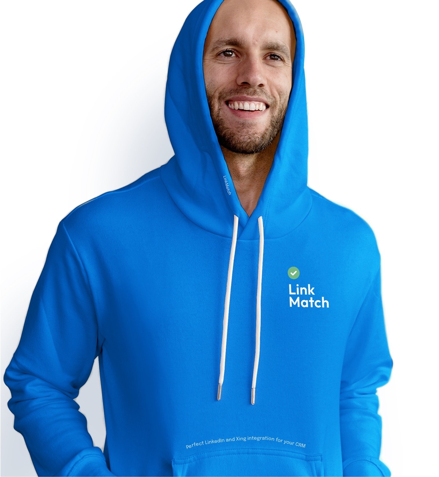 Individual smiling while wearing a blue LinkMatch branded hoodie