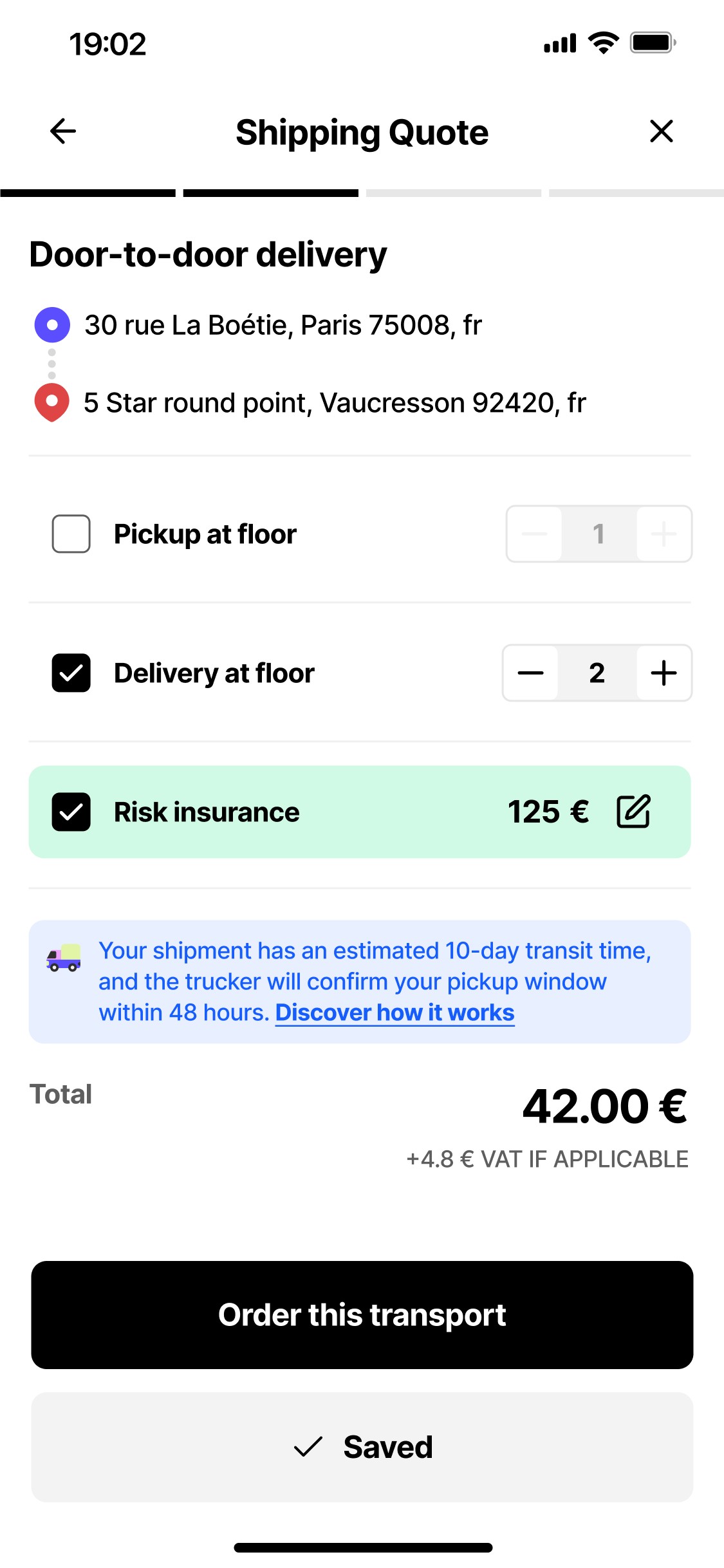 Order the transport screen