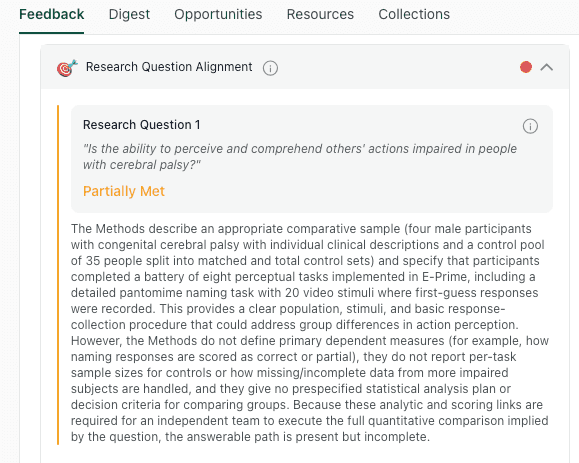 thesify methods feedback for research question alignment flagging missing dependent measures scoring rules and per task sample sizes