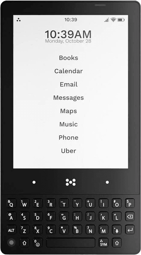 Minimal Phone minimalist phone, a black e-ink smartphone with a physical keyboard showing a simple text app menu.