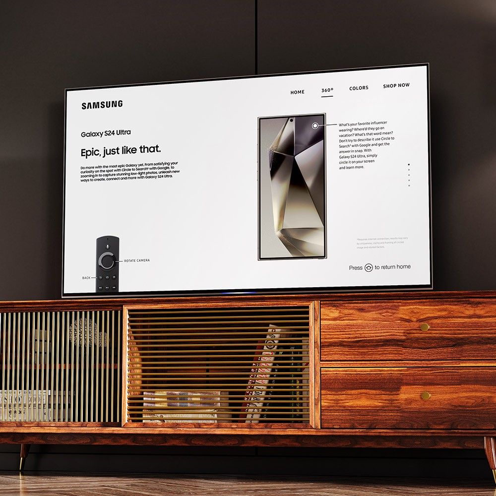 A living room setting with a TV displaying Samsung devices.