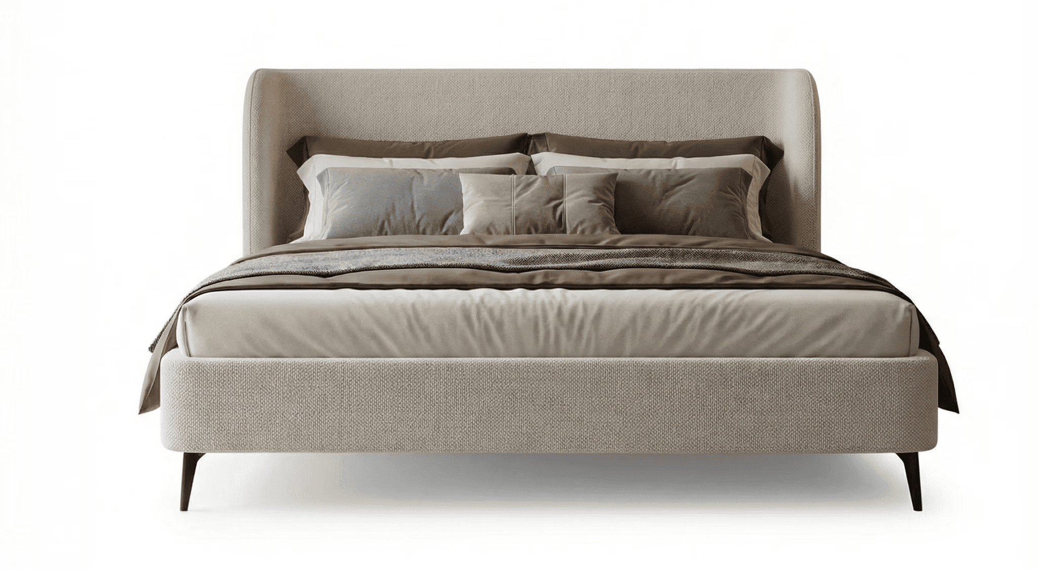 Classic wooden bed with straight headboard, box frame build, and traditional pModern bed with tall upholstered headboard, recessed base, and structured layoutroportions