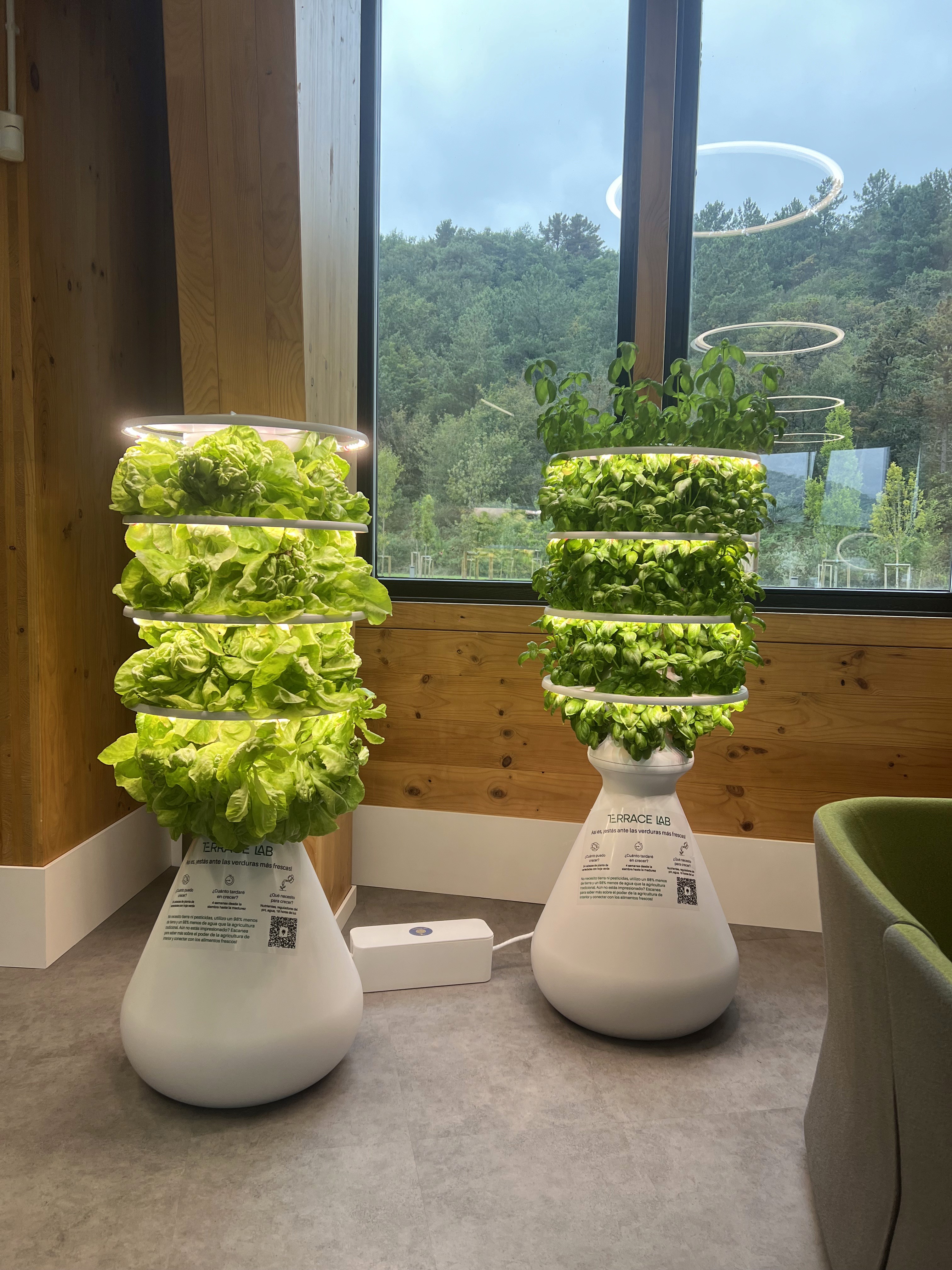 Huerto urbano en oficina: módulos de TerraceLab con lechugas y albahaca en Naturklima
