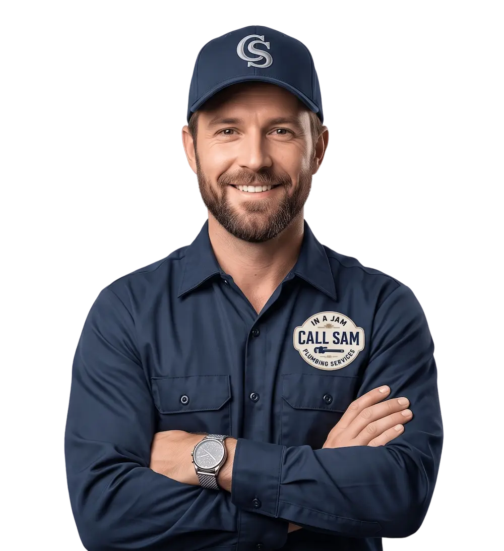A smiling master plumber wearing an In A Jam Call Sam uniform, offering expert service as a trusted local plumber in Northern VA.