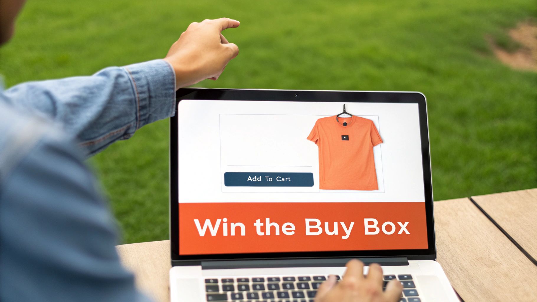 Person pointing at a laptop screen displaying an orange t-shirt and 'Win the Buy Box' text.