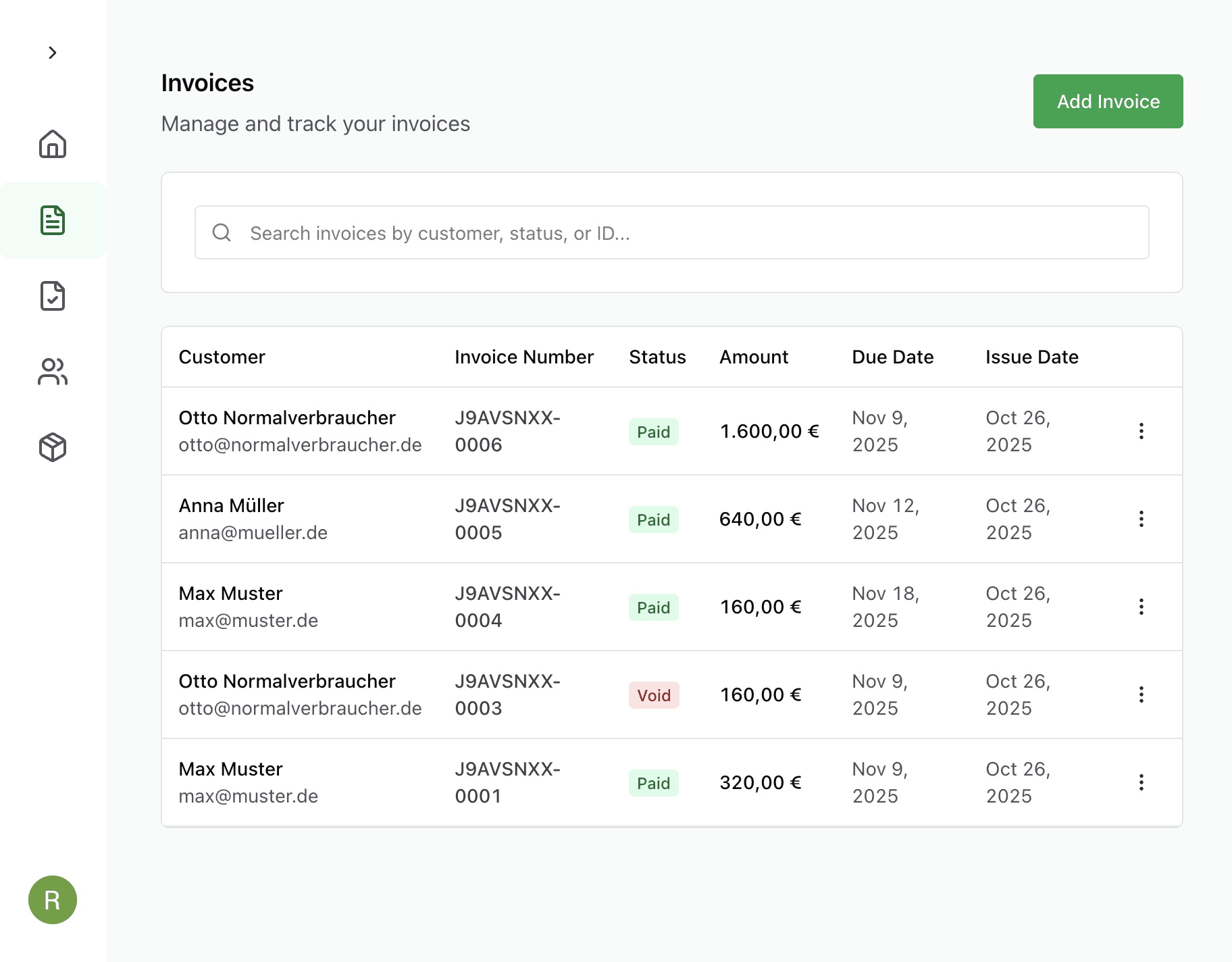 Screenshot of revoBill invoicing and payment workflow