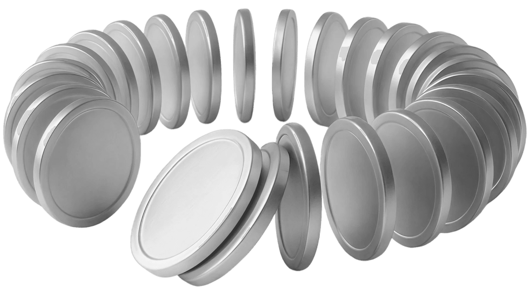 Silver coins arranged in a circular domino effect, representing a connected investment strategy.