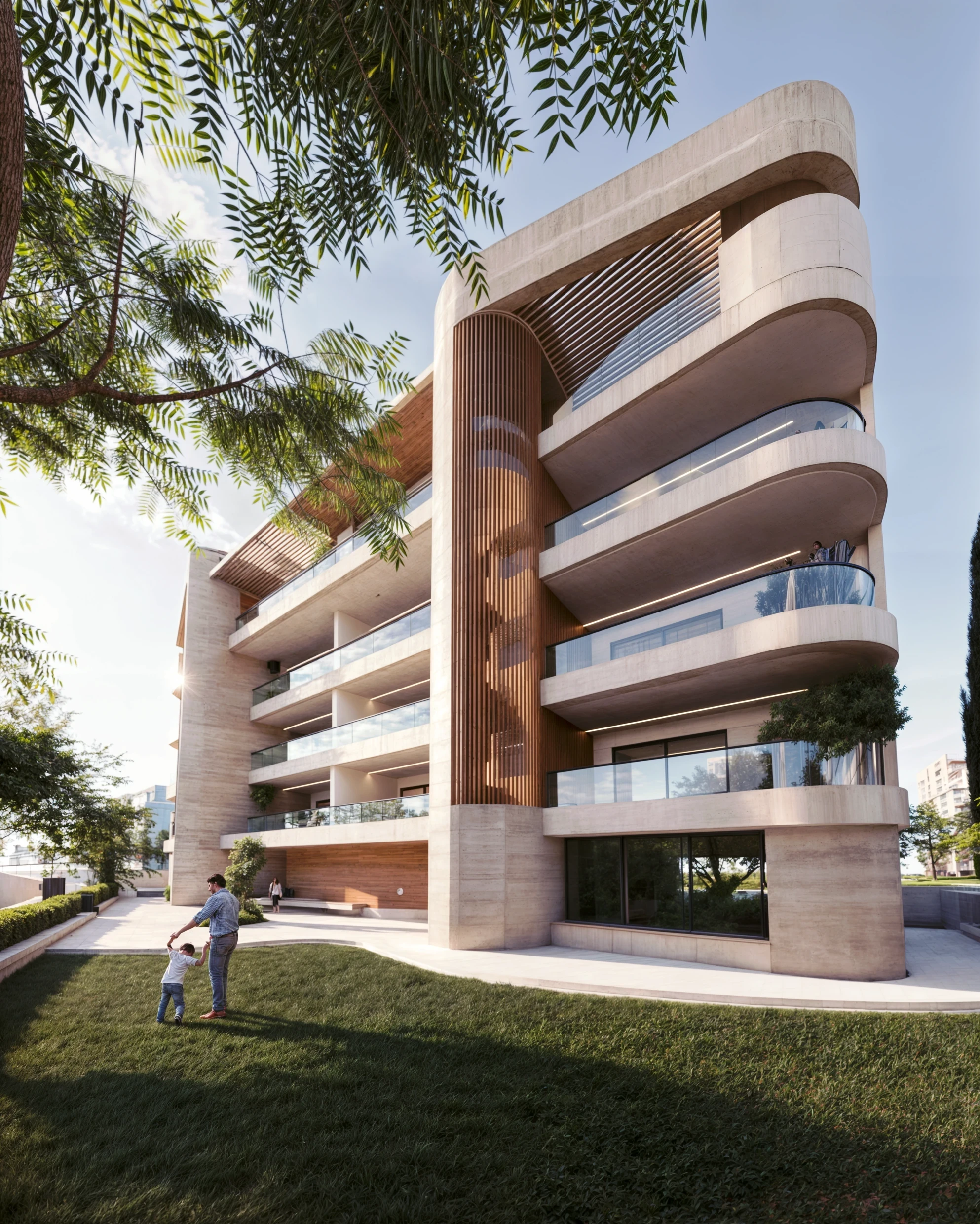 Curved balconies and vertical façade elements at Lasithiou 19 — architectural visualisation