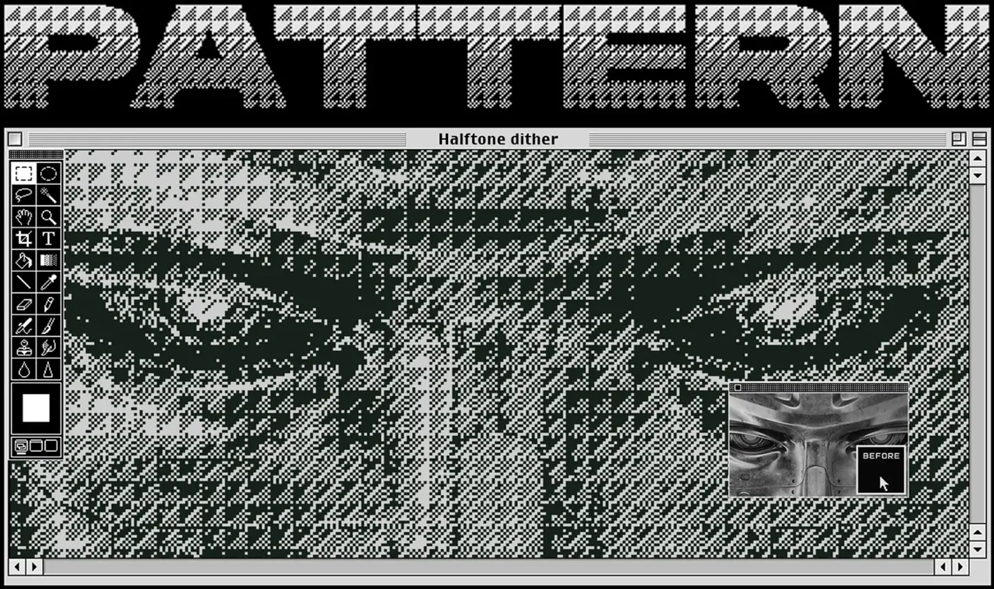 Retro pattern dither style with high contrast black and white pixels on a digital illustration