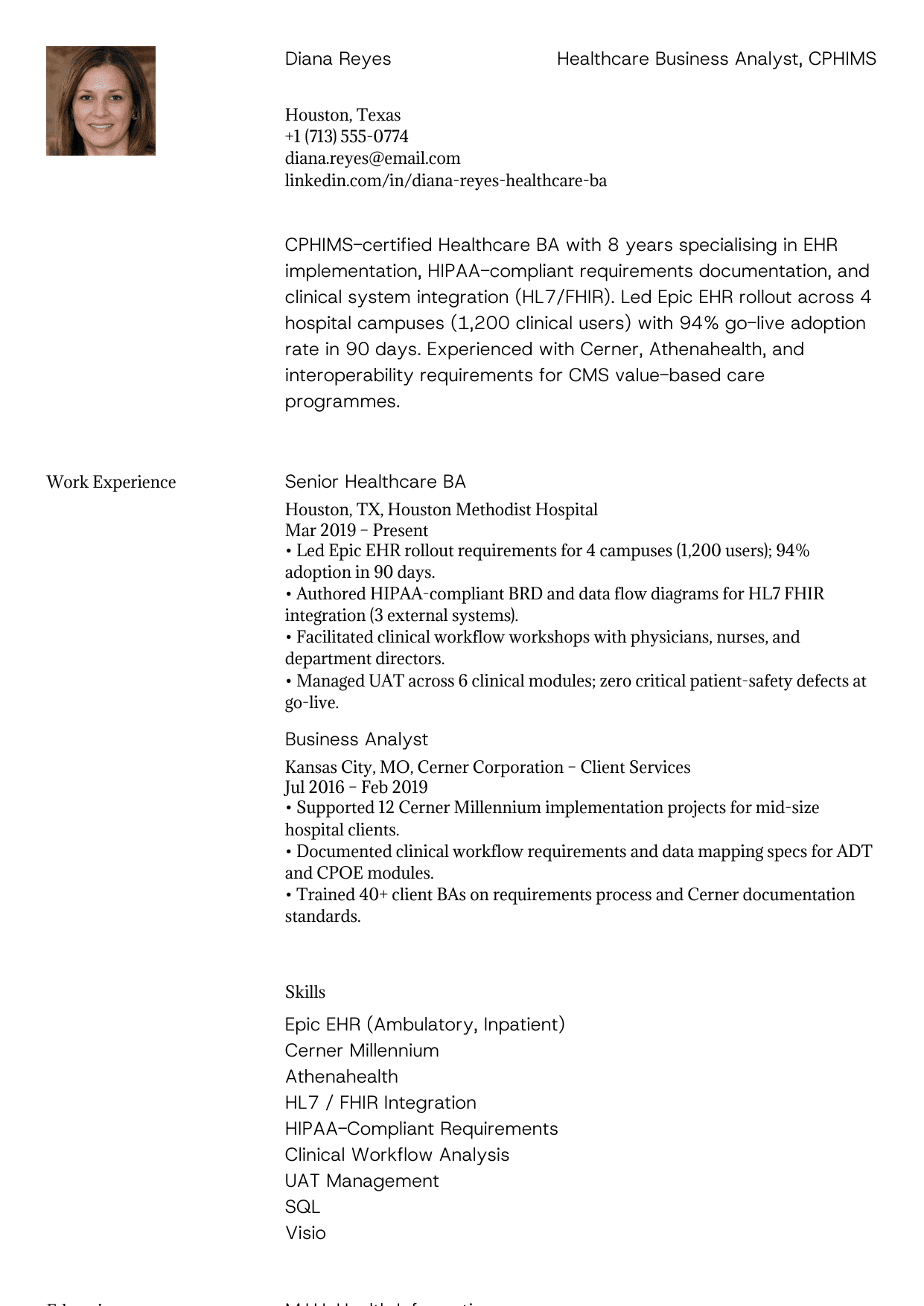 Healthcare business analyst resume example