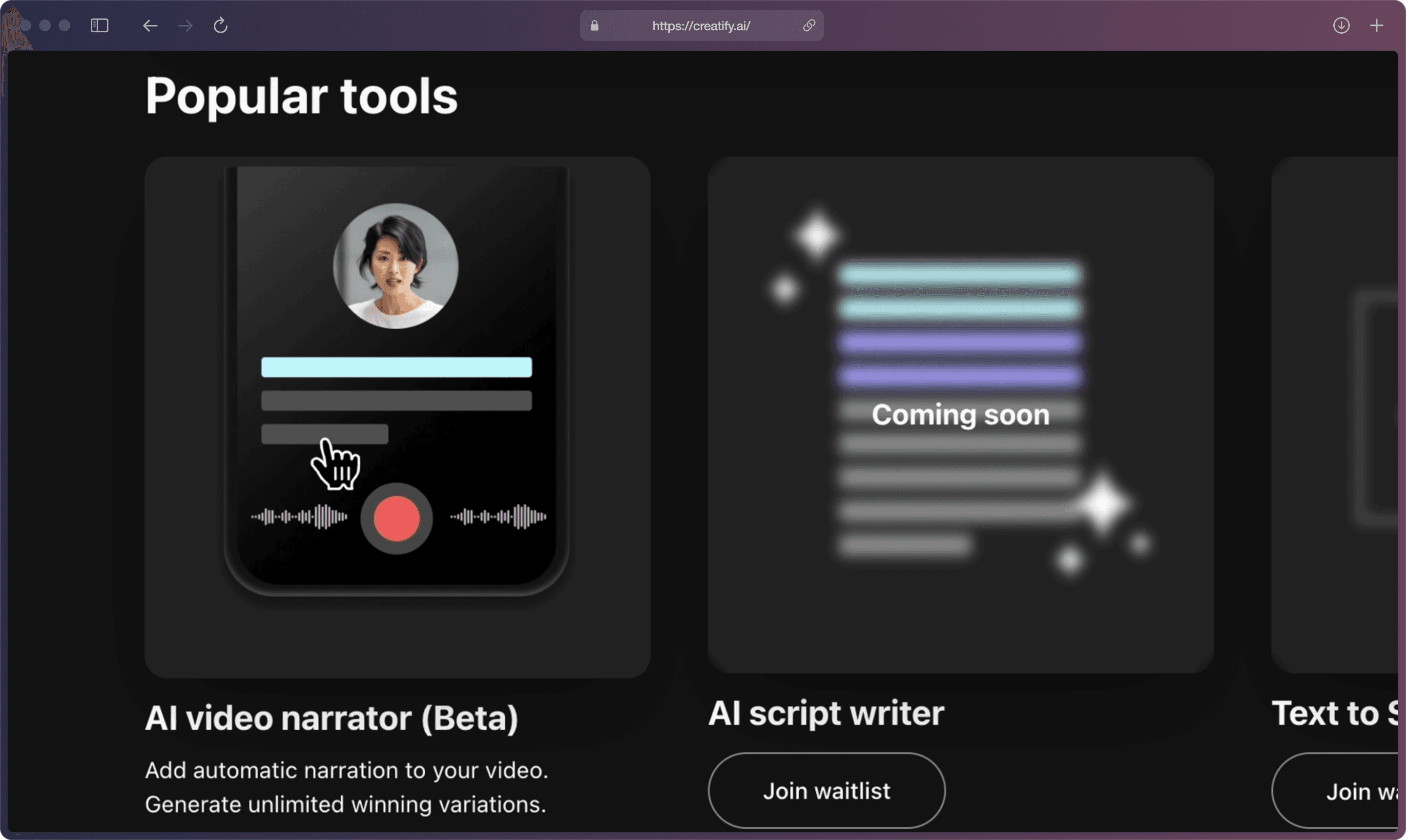 A screenshot of Creatify AI app with the detailed information of “Popular tools” with mouse hovering over “AI video narrator (Beta)”