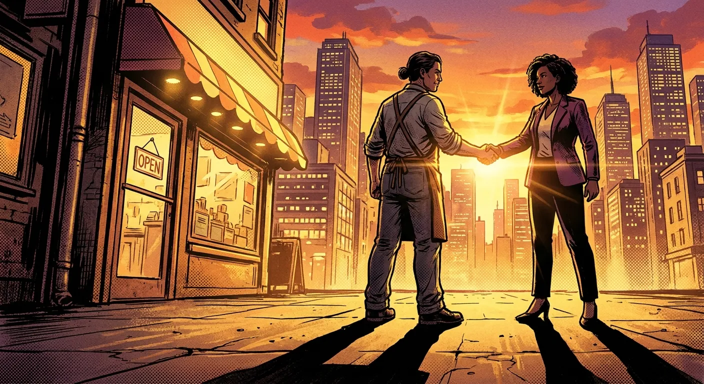 Two people shake hands on a city street at sunset, symbolizing partnership.