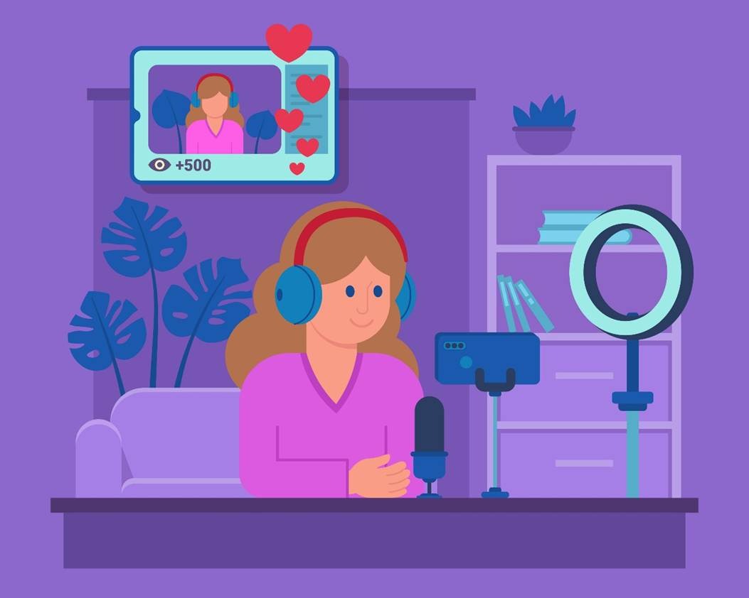 Flat illustration of a female content creator recording with a mic, ring light, and live stream engagement overlay