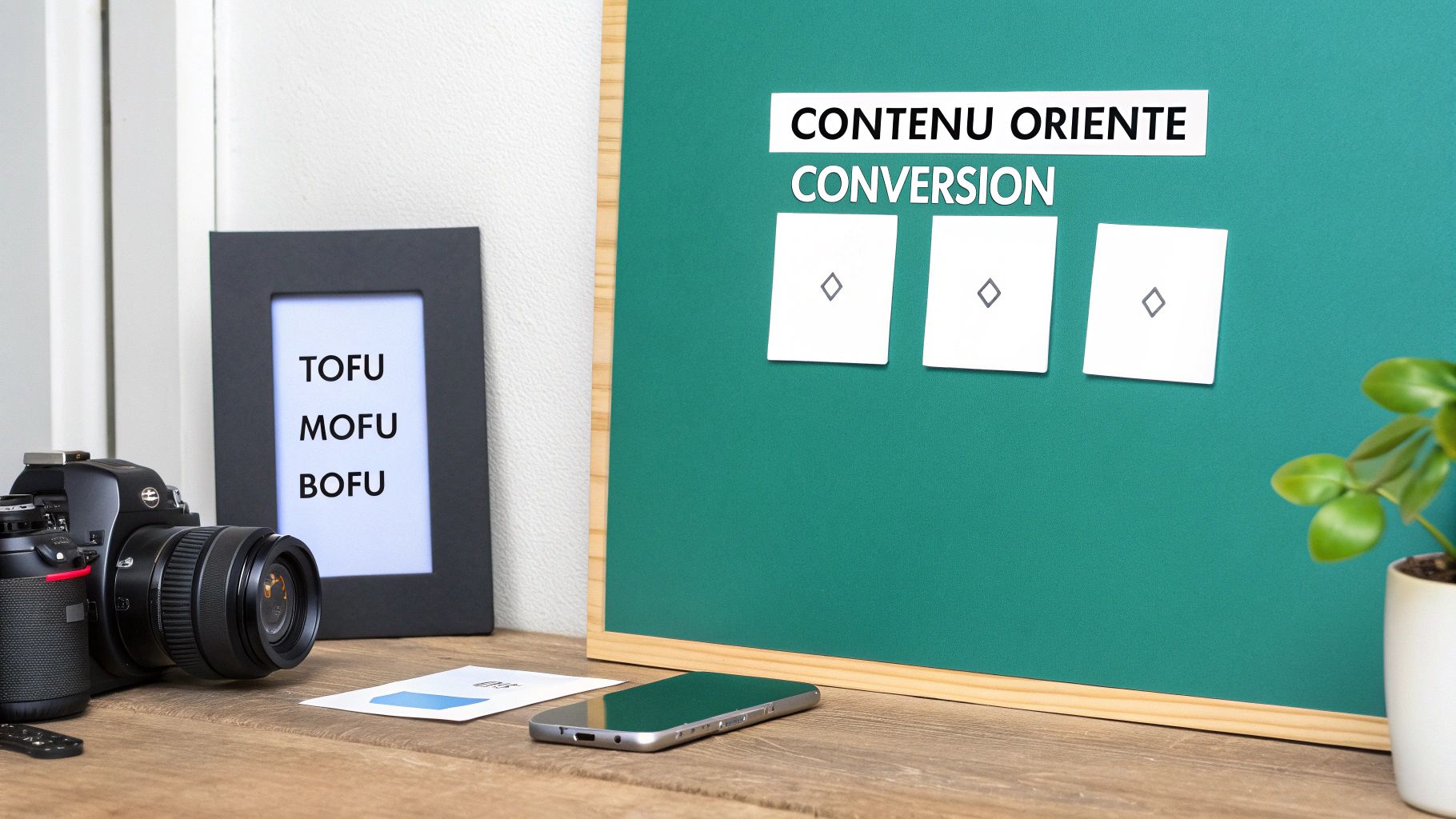 Un appareil photo, un cadre avec TOFU MOFU BOFU et un tableau vert affichant « CONTENU ORIENTÉ CONVERSION » avec des cartes.