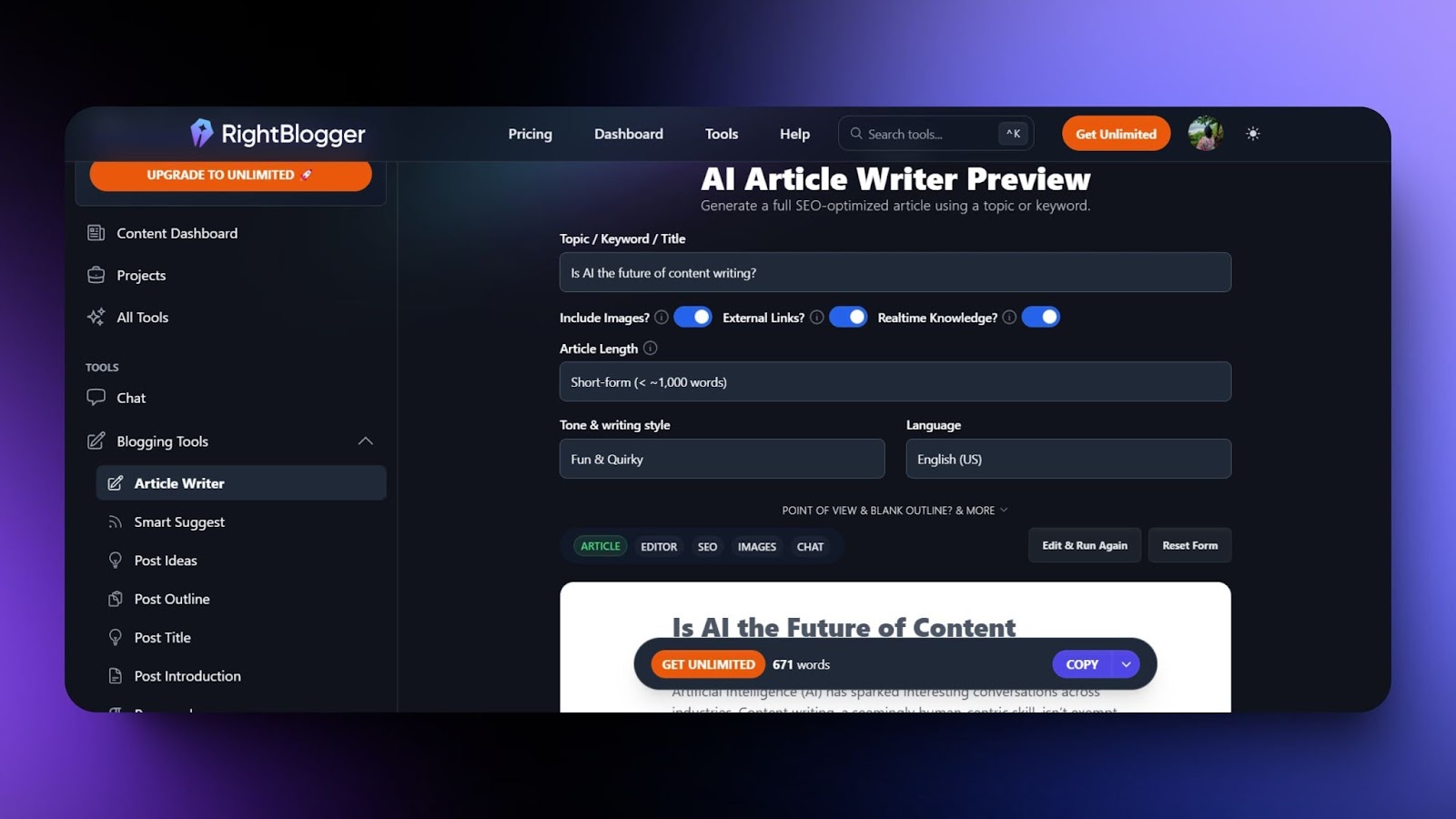 Screenshot of a black-themed AI writing tool with input options for tone, article length, keyword use, and draft preview. Buttons are orange and blue.