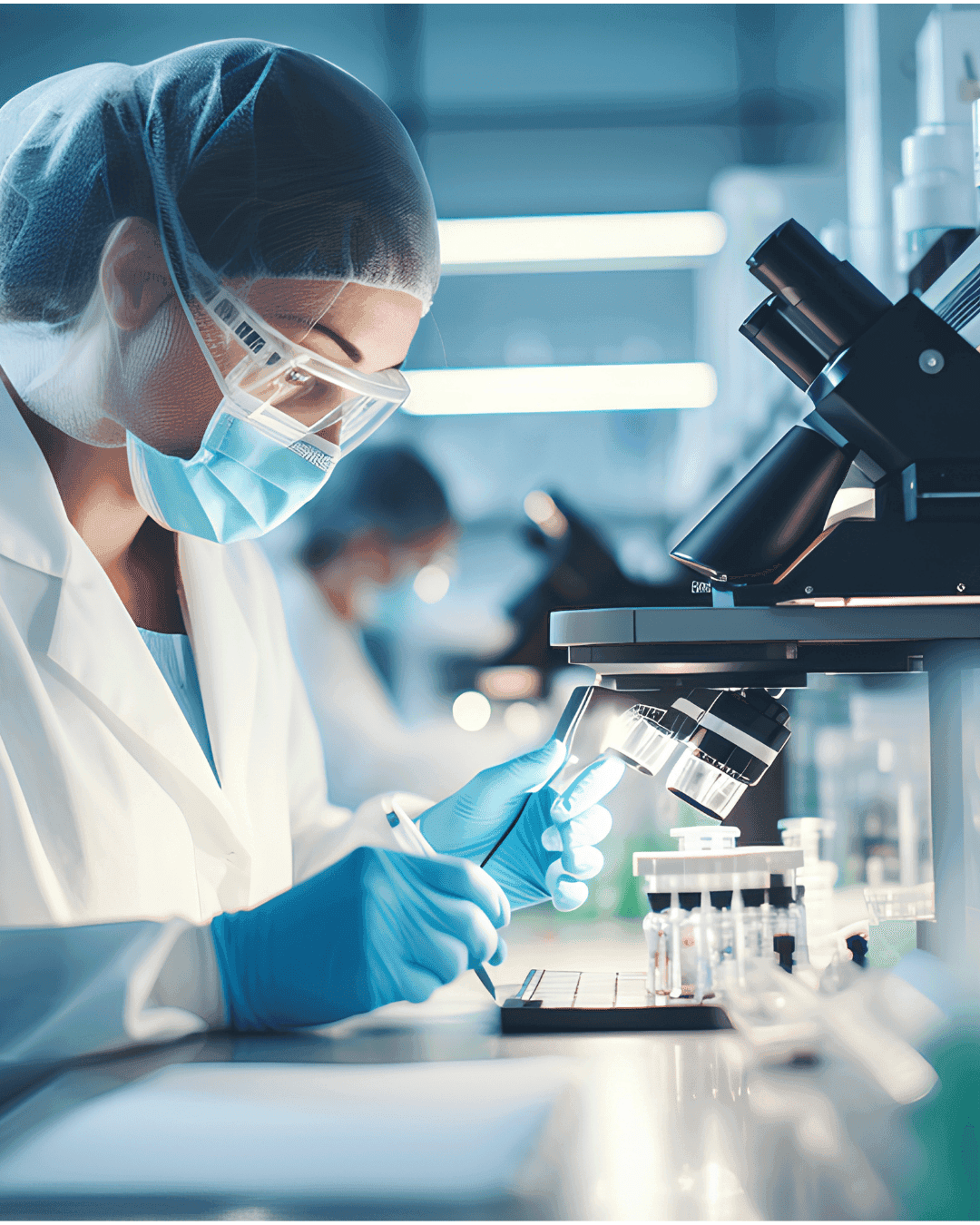 Une personne en blouse, masque et gants manipule du matériel près d’un microscope.