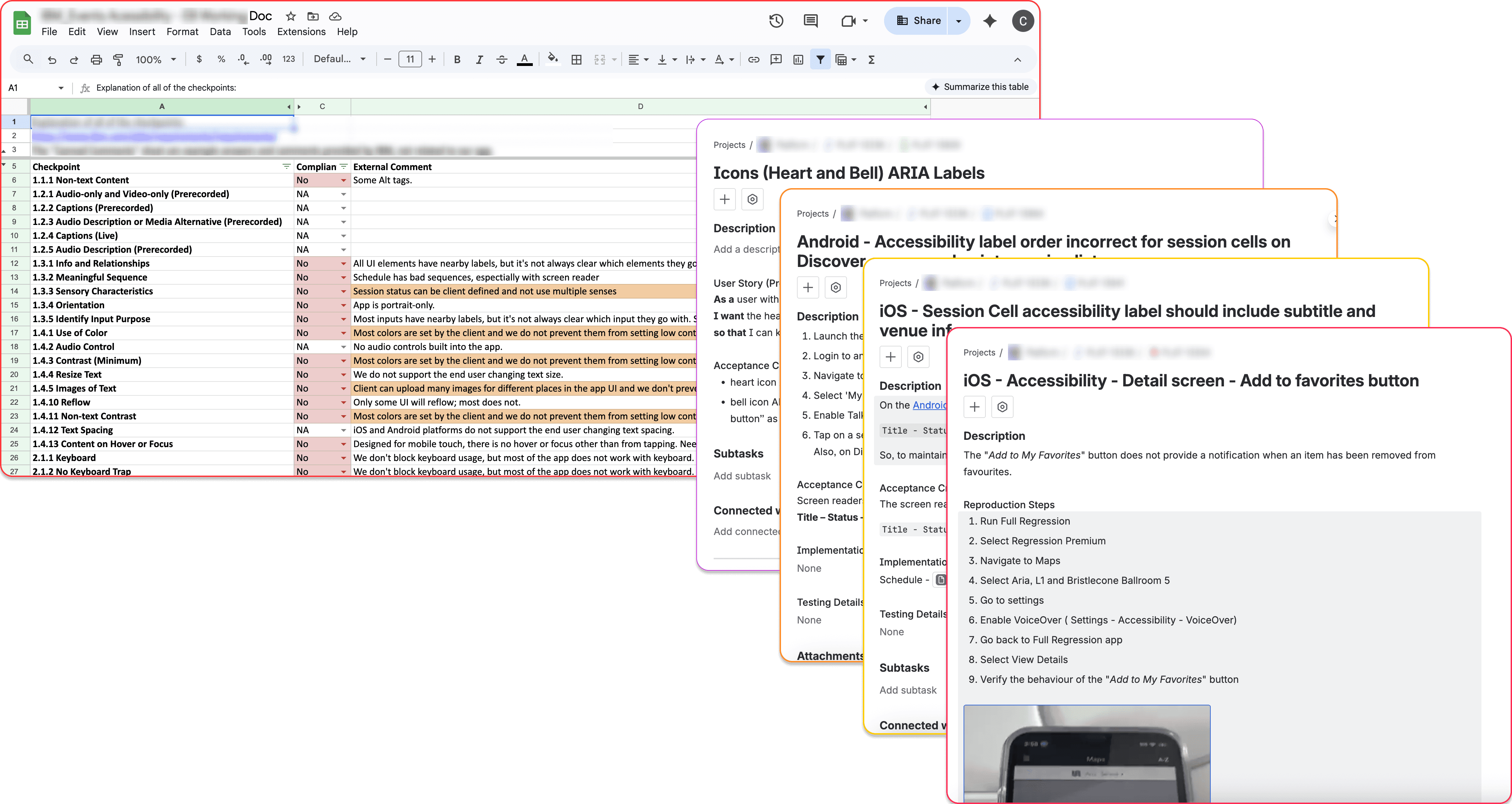 Spreadsheet of accessibility checkpoints with compliance notes, alongside multiple bug tracking cards showing accessibility issues.