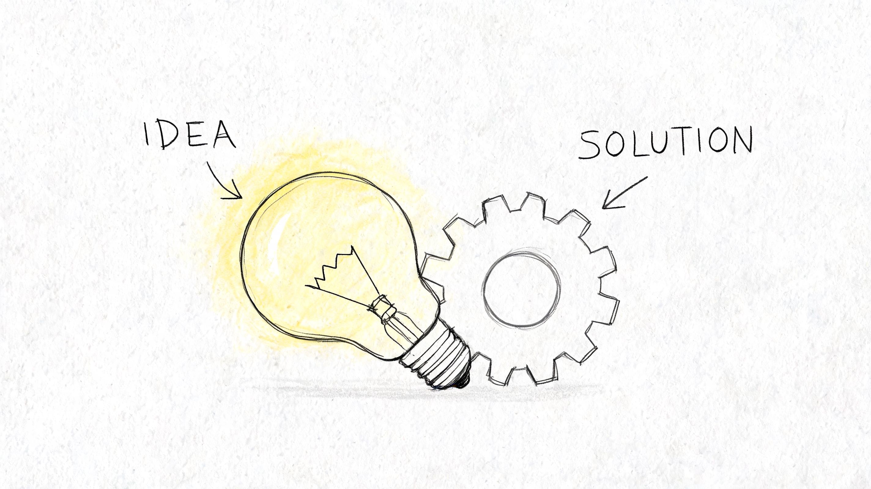 A hand-drawn illustration depicting a glowing light bulb representing an idea next to a mechanical gear representing a solution.