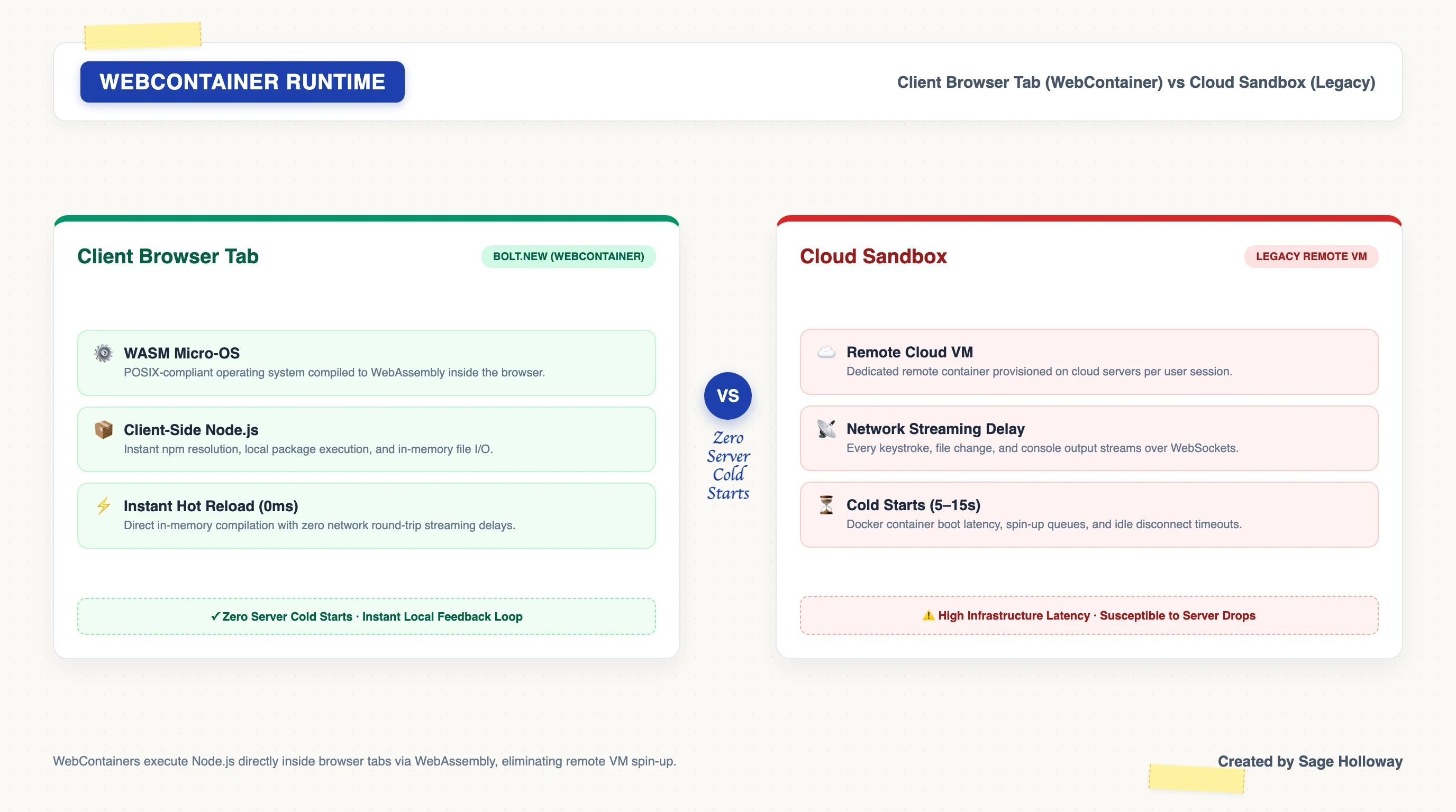 Scrapbook diagram contrasting client-side WebContainer execution in browser tab versus remote cloud server execution