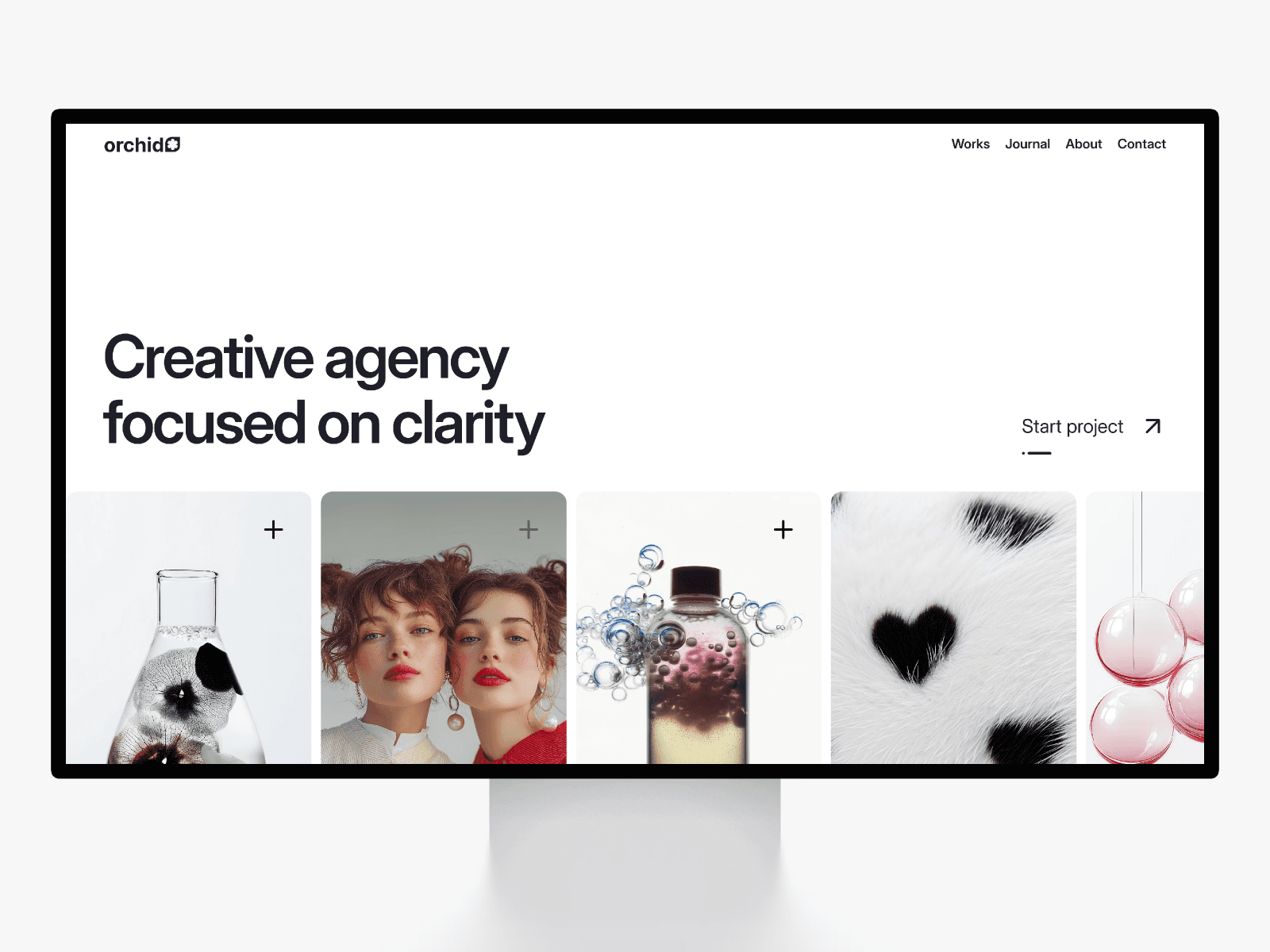 Orchid clean agency Framer template thumbnail with creative agency homepage and image grid on desktop screen