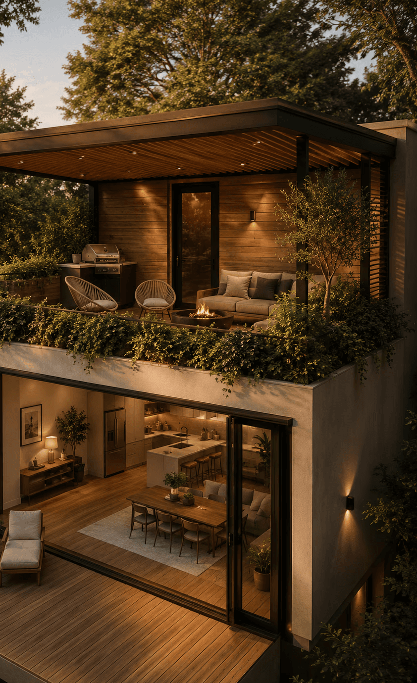 Modern two-storey backyard garden suite with rooftop terrace, warm lighting, floor-to-ceiling glass, and luxury contemporary architecture by UR-SPACE in Calgary.